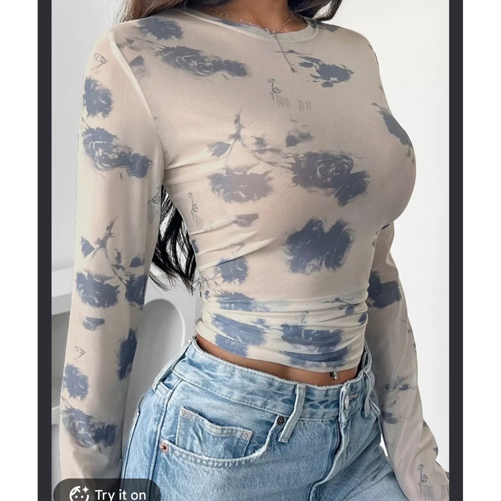 Women's XL Abstract Floral Mesh Top Ruched Twist Front Long Sleeve Y2K